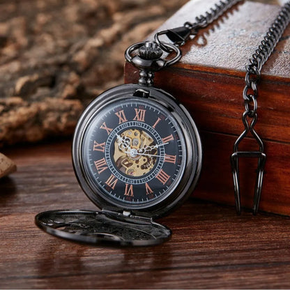 Retro automatic pocket watch with floral print dial and transparent case back showing mechanical movement.