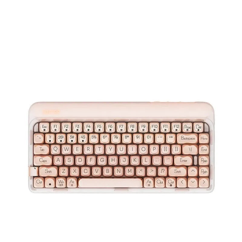 Liquid Foundation wireless mechanical keyboard with 84 keys, hot-swappable switches, Bluetooth calculator, and included mouse and light on a desk.