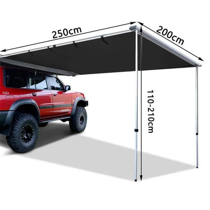Black glue coated car sunshade tent with aluminium poles set up outdoors.