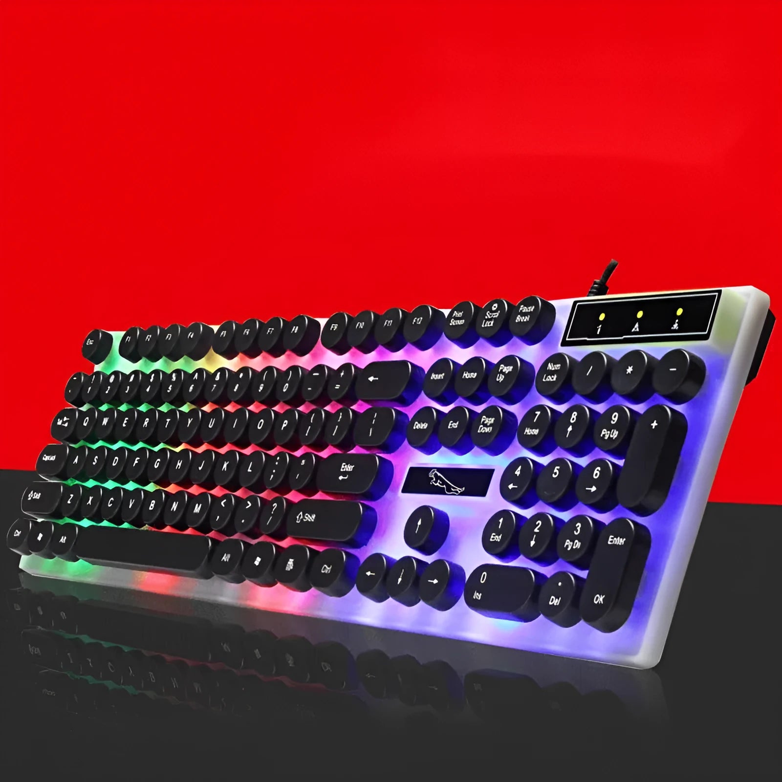White plastic waterproof gaming keyboard with RGB backlighting and round keycaps