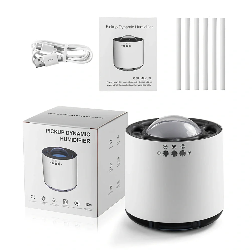 White ultrasonic humidifier with 7-colour LED lights showing dimensions 124x124x135mm