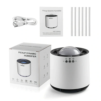 White ultrasonic humidifier with 7-colour LED lights showing dimensions 124x124x135mm