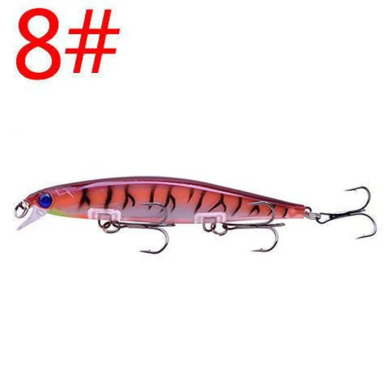 11cm submerged minnow fishing lure with slow-sink tossing action, shown in one of eight available colours.
