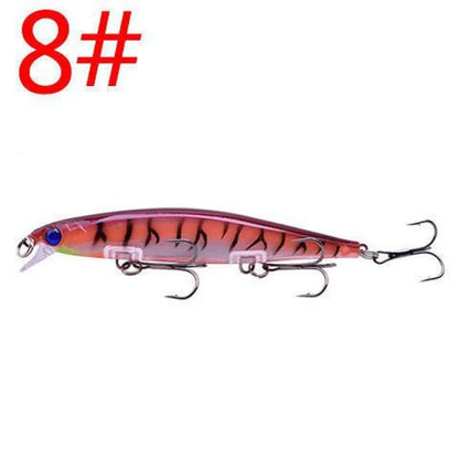 11cm submerged minnow fishing lure with slow-sink tossing action, shown in one of eight available colours.