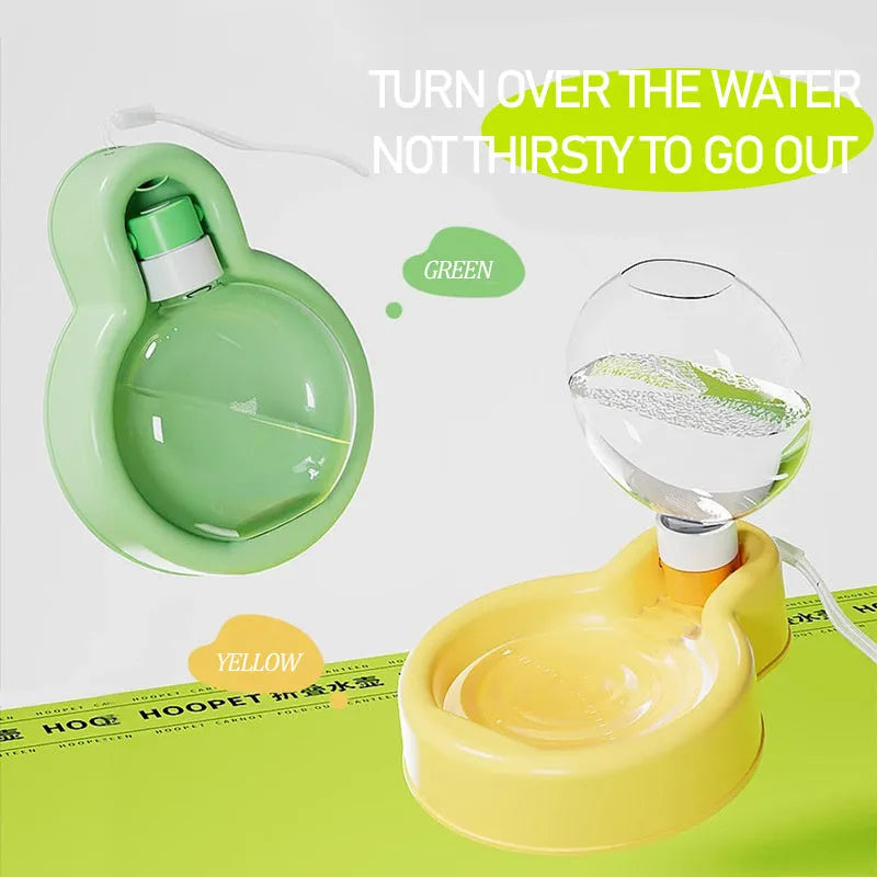 Green pet travel cup with integrated bowl for dogs, showing leak-proof design and portable size