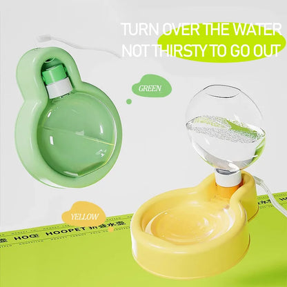 Green pet travel cup with integrated bowl for dogs, showing leak-proof design and portable size