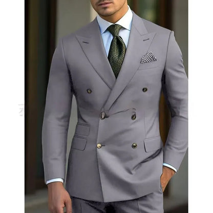 Men's light business suit set comprising a coat and trousers in a cotton blend fabric.