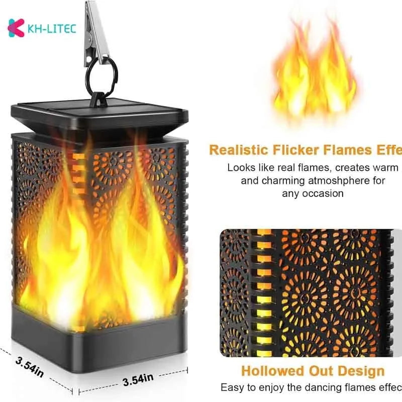 Black solar hanging flame torch light with flickering LED for garden decoration