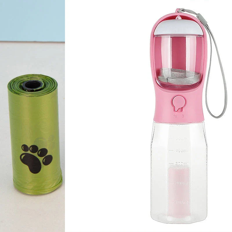 Multifunctional pet water bottle and feeder with poop dispenser in turquoise, pink, and white colors