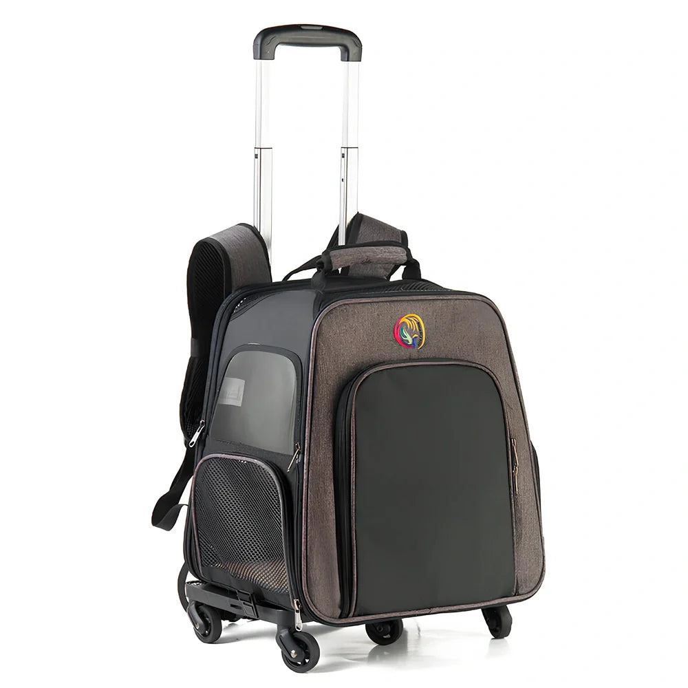 Dark blue pet backpack with mesh ventilation panels showing 33.7L capacity and adjustable shoulder straps