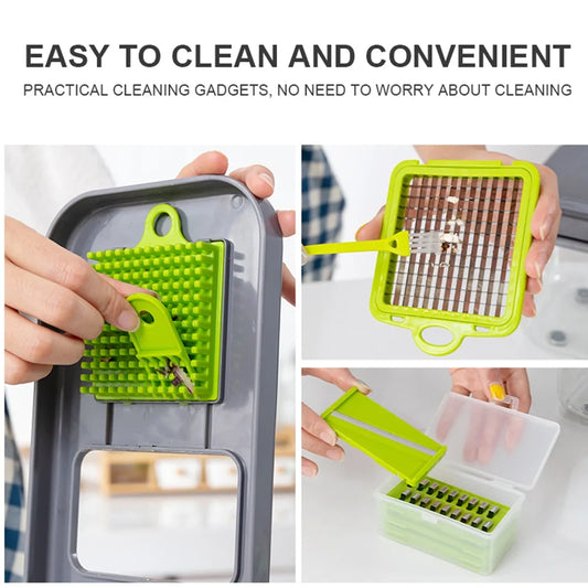 Grey multi-function vegetable cutter with stainless steel blades and foldable compartment design measuring 26cm