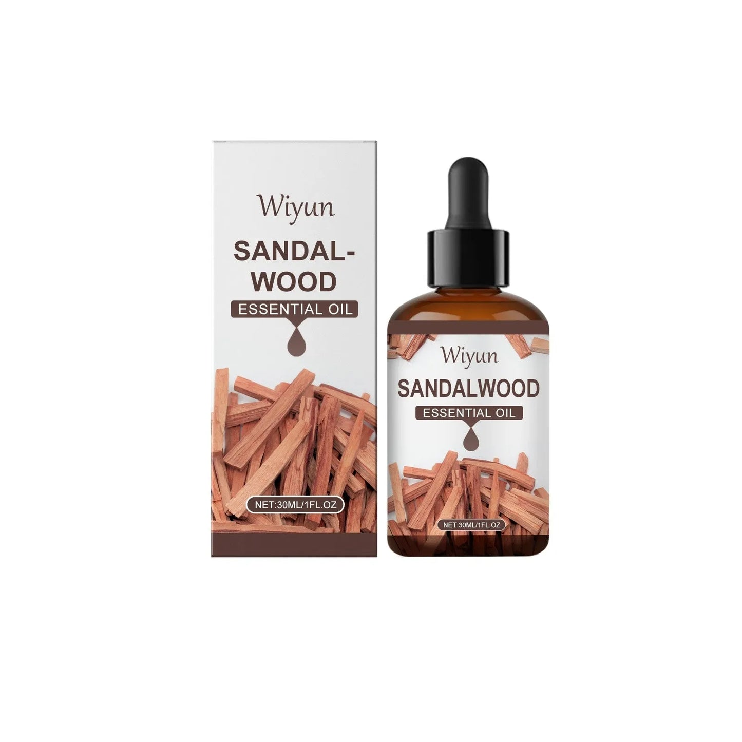 30ml bottle of sandalwood essential oil with glycerin and vitamin E for hydration and fragrance