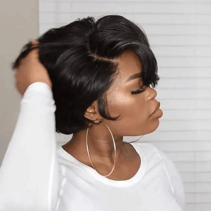 Black short bob lace frontal wig made from high temperature wire, shown as a heat-resistant synthetic hairpiece.