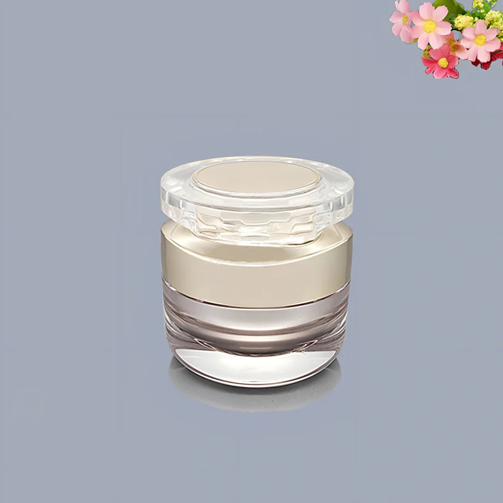 Acrylic cosmetics bottles in champagne gold and brushed white with vacuum sealing, various sizes from 5g to 120ml