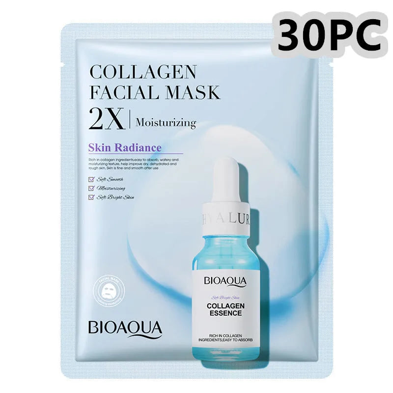 Collagen and hyaluronic acid facial sheet mask set with four variant packages showing 30g gel masks