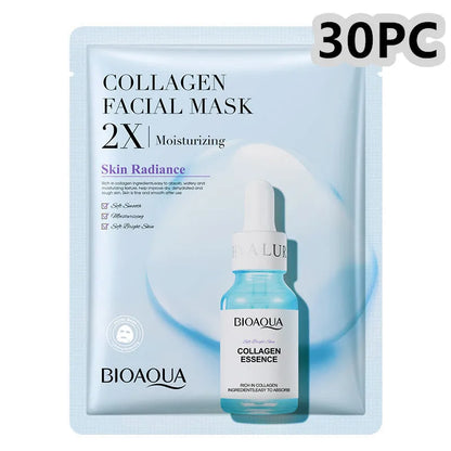 Collagen and hyaluronic acid facial sheet mask set with four variant packages showing 30g gel masks