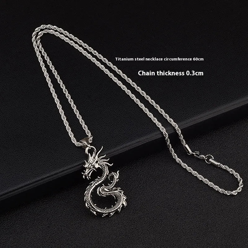 Dragon sword pendant necklace with black electroplated alloy charm and 60cm titanium steel hemp flower chain