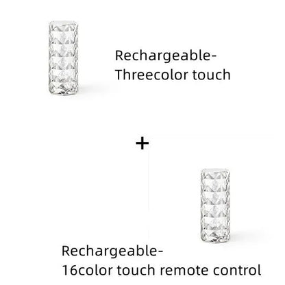 Modern minimalist acrylic crystal rose LED table lamp with touch switch on a wooden table.