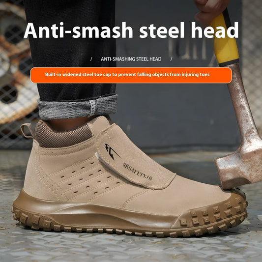 Low-top welder safety shoes with steel toe cap and lace-up closure in sand colour.