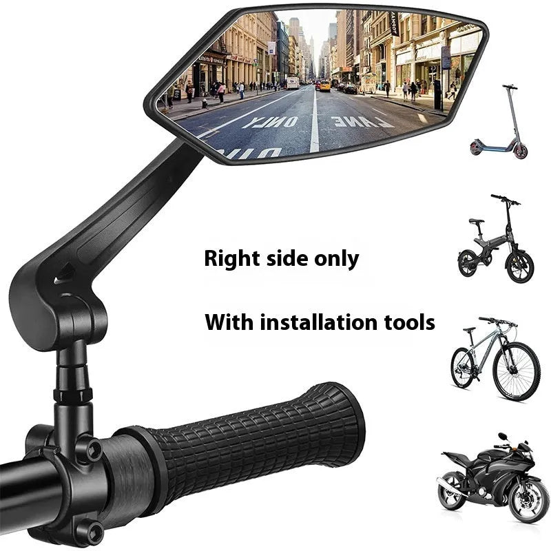 Black bicycle rearview mirror with 360 rotation adjustment for 2-2.4cm handlebars, shown with installation tools
