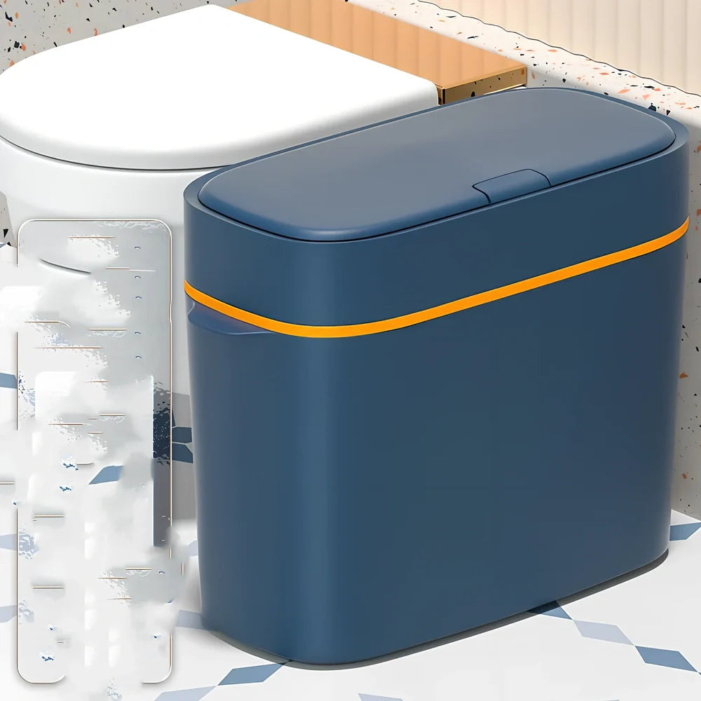 Automatic electric trash bin with infrared sensor opening, available in azure blue, white, and four other colours