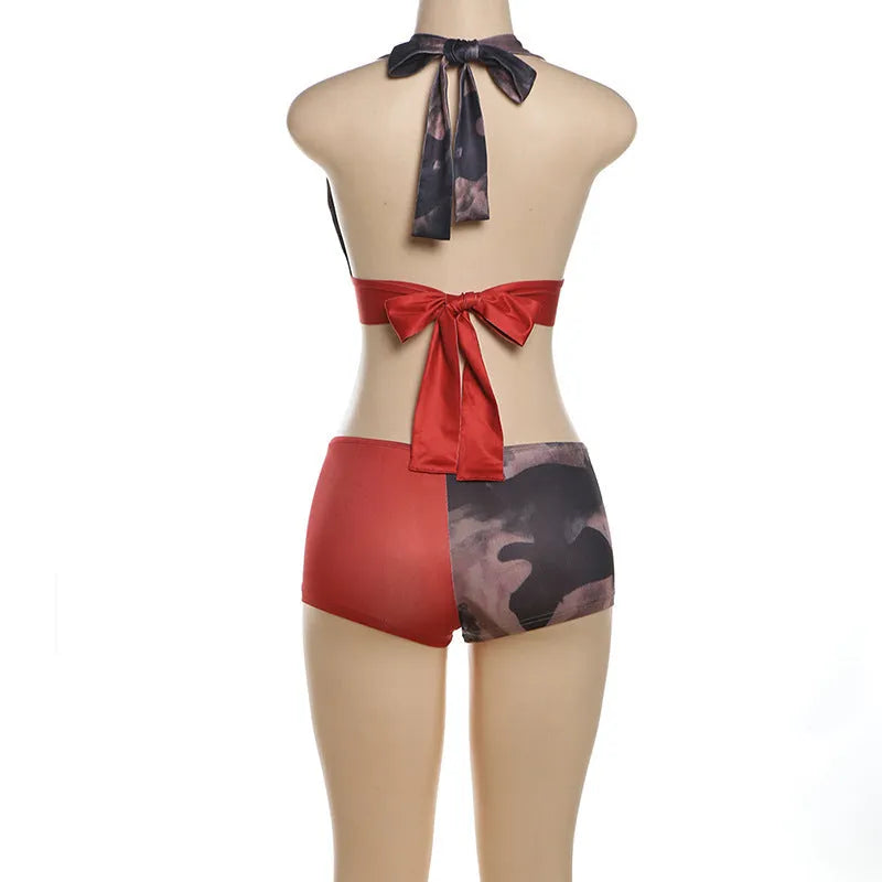 Red women's high waist hip lift printed shorts bikini set with 3D effect.