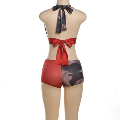 Red women's high waist hip lift printed shorts bikini set with 3D effect.