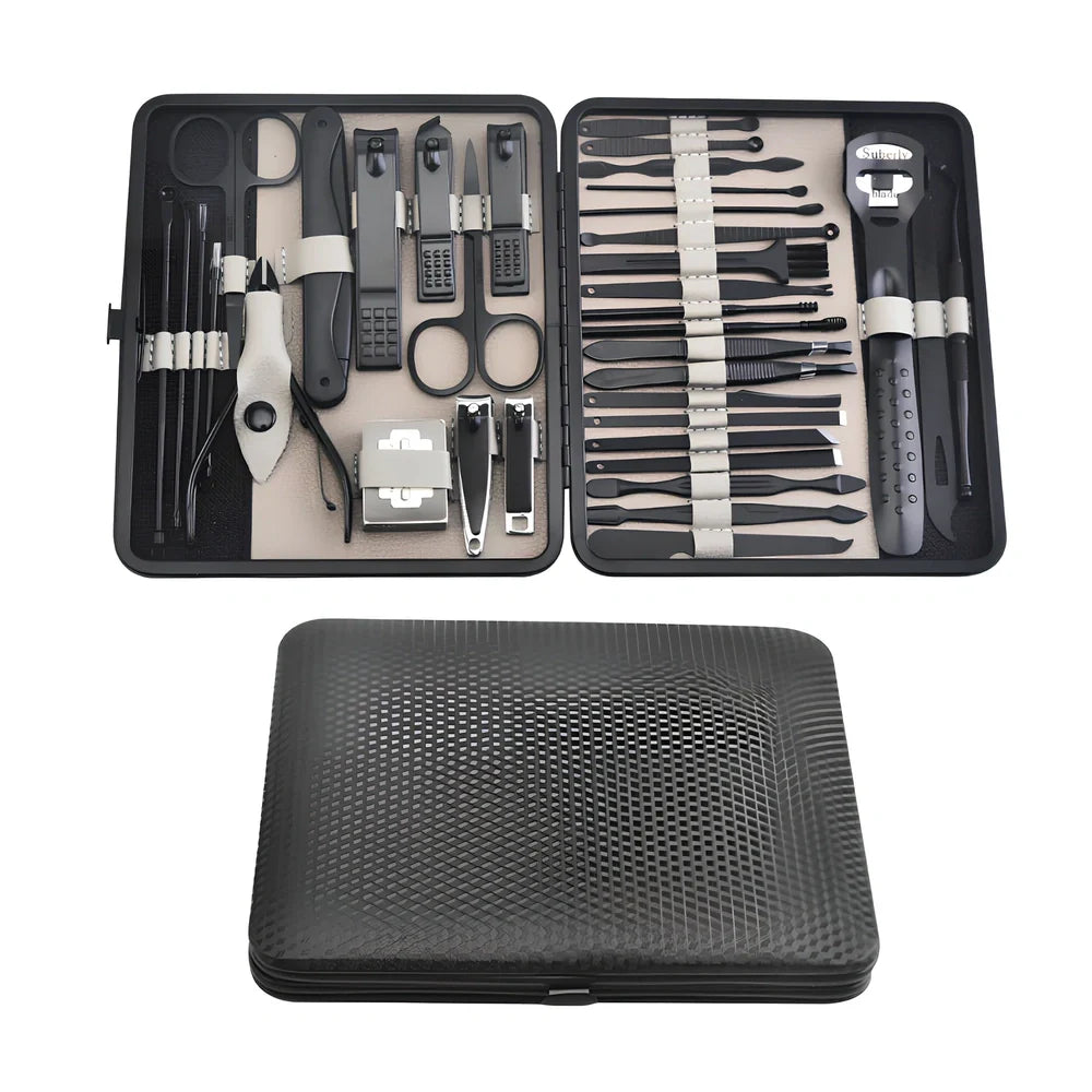 Beauty manicure nail care kit with stainless steel tools in red PU leather case weighing 397g