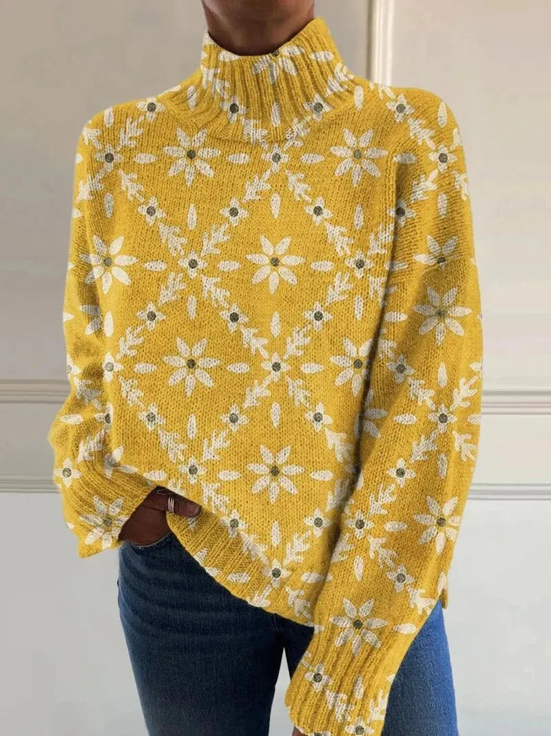 Women's Christmas printed turtleneck sweater with painting pattern and macaron colours, loose fit design