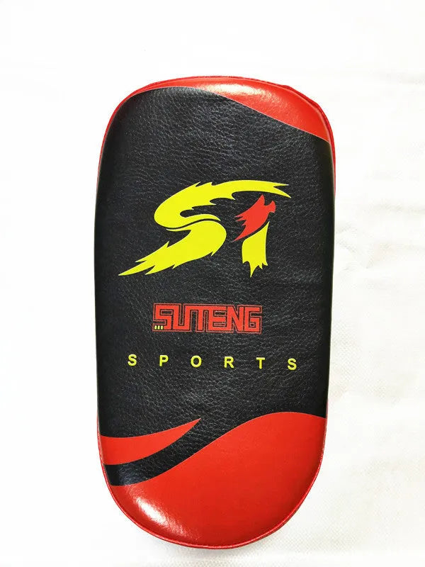 Black with red edges hand-held martial arts target showing 35cm by 19cm striking surface and double adhesive buckle