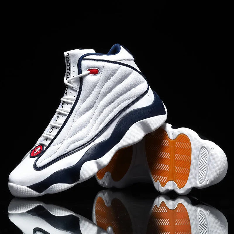 Men's high-top basketball shoes in AJ13 style colours with mesh upper and thick rubber sole.