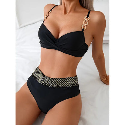 Black European and American style bikini swimsuit set on a mannequin