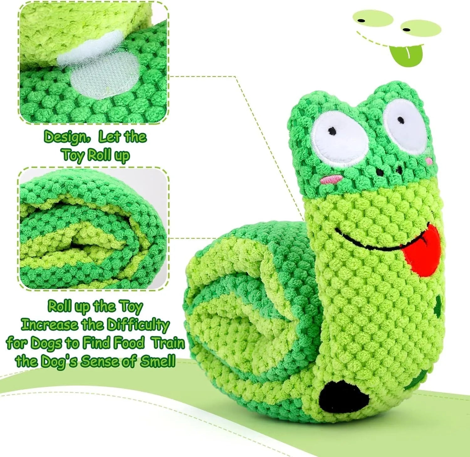 Squeak dog toy in snail or stick shape with hidden food holes for foraging training, measuring 7.5 cm by 7.2 cm
