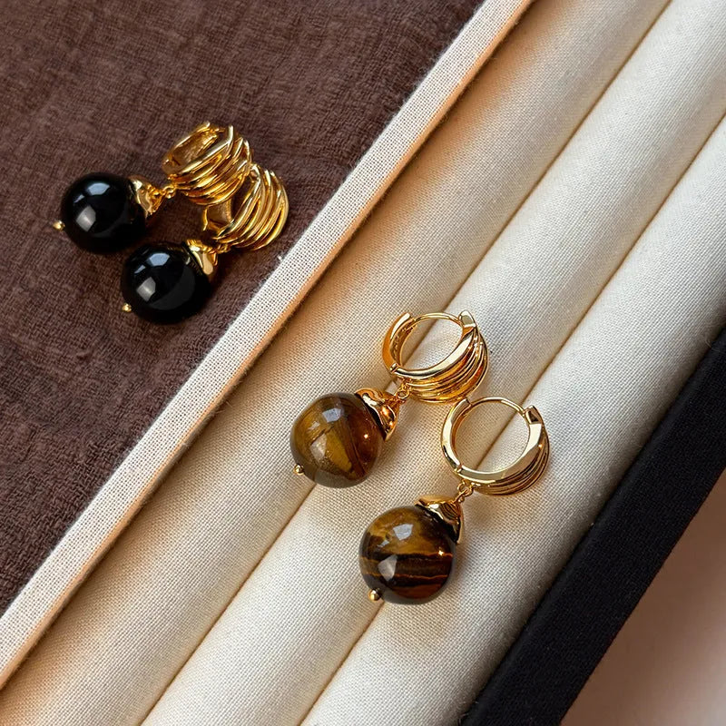 Gold-plated Tigereye earrings with geometric round shape in French retro style