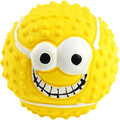 Green, orange, and yellow latex dog balls with smile face designs for chewing and play