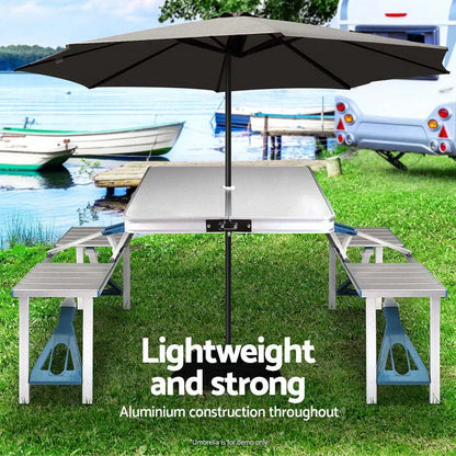 Aluminum alloy folding table and chair set in silver gray and blue, perfect for outdoor use
