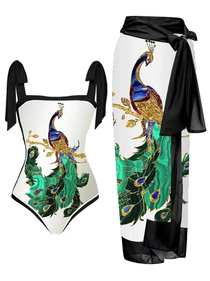 Women's floral printed two-piece swimsuit with chiffon hip skirt in multiple colour options