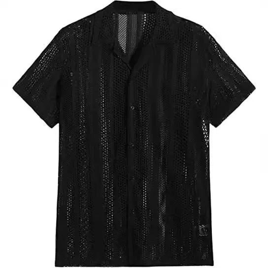 Men's button knitted short-sleeved shirt in polyester jacquard cardigan street fashion style, available in white and black colours and sizes S to XXL, note that Asian sizing runs smaller than European or American sizing