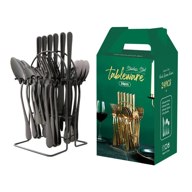 24-piece stainless steel cutlery set with knives, forks, spoons, and teaspoons on a storage rack in a gold finish.