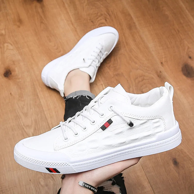 Men's white round-toe lace-up casual sneakers with a PU leather upper and rubber sole.