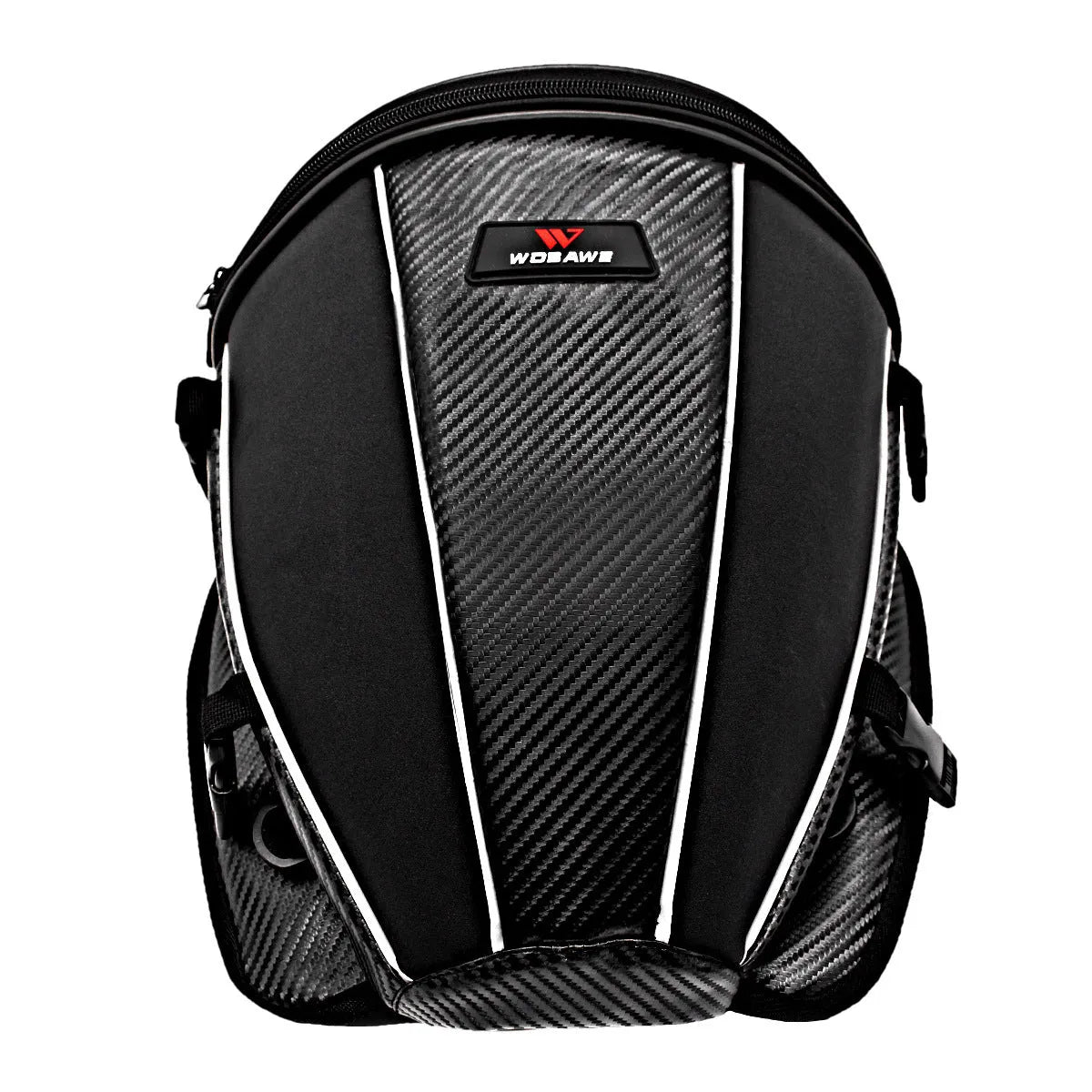 Black waterproof motorcycle tail bag with reflective stripe, showing multiple pockets and a carrying strap.