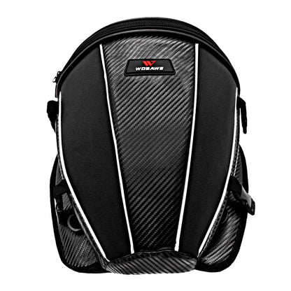 Black waterproof motorcycle tail bag with reflective stripe, showing multiple pockets and a carrying strap.