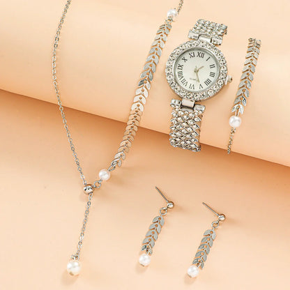 Luxury rhinestone quartz bracelet watch set for women in golden, silver, and rose gold options