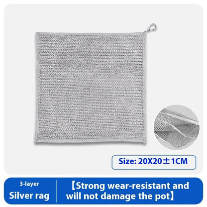 Silver silk rag with steel wire core for cleaning pots and bowls, double-sided design, 20x20cm or 25x25cm size