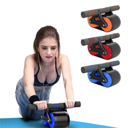 Dual-wheel abdominal roller with sweat-absorbent grip handle for intense core workouts