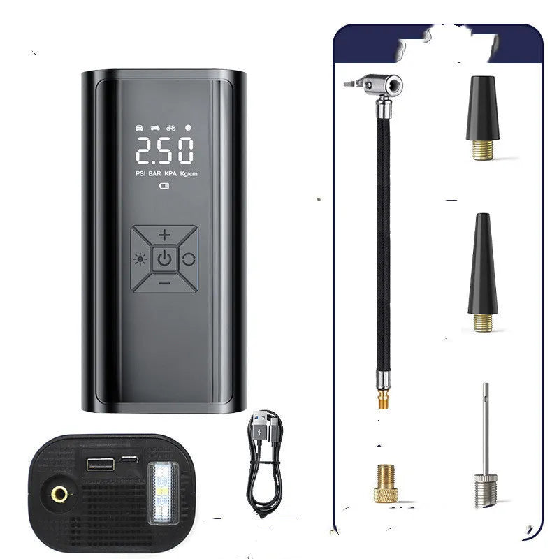 Portable wireless digital car tyre pump with dual display showing pressure readings