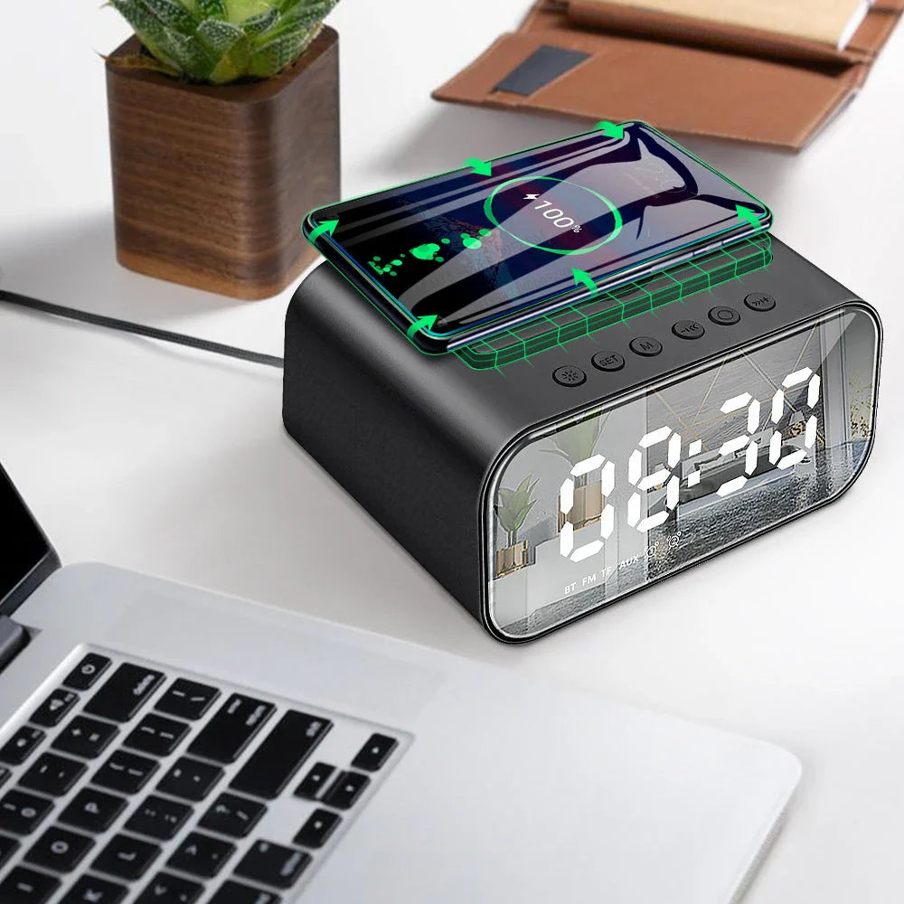 Wireless Charging Bluetooth Alarm Clock with LED Display, Portable Digital Clock, Bluetooth Speaker, and Wireless Charging Pad