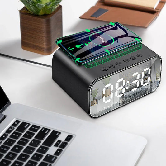 Wireless Charging Bluetooth Alarm Clock with LED Display, Portable Digital Clock, Bluetooth Speaker, and Wireless Charging Pad