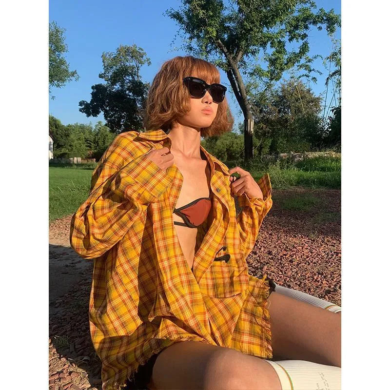 Dopamine yellow plaid shirt with loose-fit design and cardigan style for casual wear