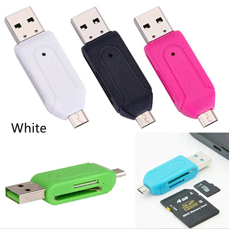 White OTG card reader with USB and micro USB connectors for SD and TF memory cards.